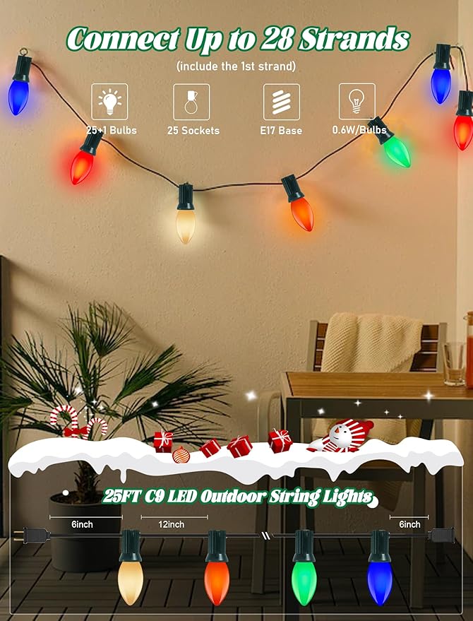 C9 LED Christmas Lights Outdoor 25Ft Outdoor Christmas Decorations String Light Waterproof with 26 C9 LED | Lumora