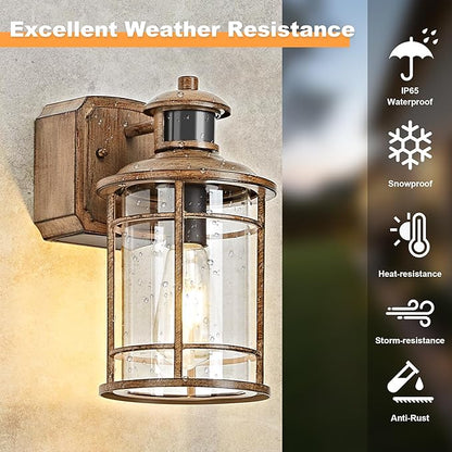 OKELI Upgraded Porch Lights with GFCI Outlet-Motion Sensor & Dusk to Dawn Outdoor Light Fixture,3 Lighting Modes Waterproof Anti-Rust Faux Wood Grain Outdoor Lights for House Porch Garage (2 Pack