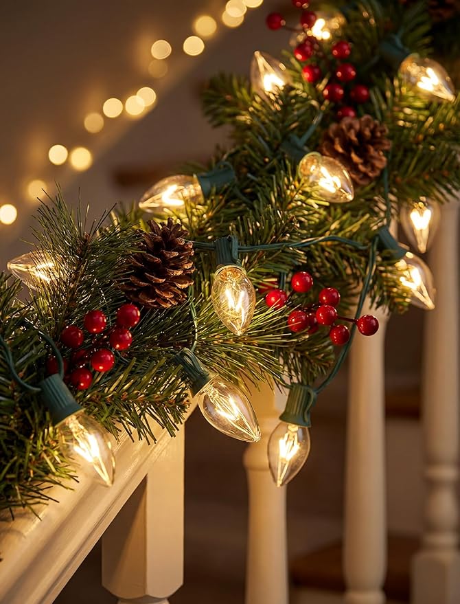 C7 Christmas Lights Outdoor, 25Ft Outdoor Christmas String Lights with 25 Warm White Incandescent Bulbs, Hanging Vintage Christmas Decorations Light for Roofline House Garden Patio Backyard