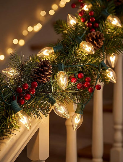 C7 Christmas Lights Outdoor, 25Ft Outdoor Christmas String Lights with 25 Warm White Incandescent Bulbs, Hanging Vintage Christmas Decorations Light for Roofline House Garden Patio Backyard