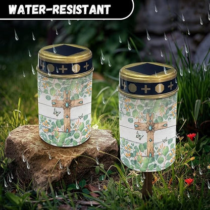 Cross Leaf Solar Lights for Grave Solar Led Lights for Outside Waterproof Landscape Lights Cross Candle Holder for Cemetery Prayer Signs Solar Light Grave Garden Lawn Patio Yard Decor