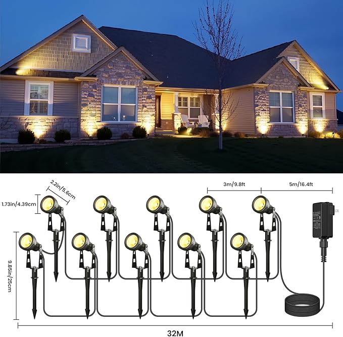 Outdoor Landscape Lighting, 10-Pack Low Voltage LED Spot Lights with Transformer, Waterproof IP65 Outdoor Landscape Lights for Garden, Yard, Backyard, Lawn, Trees, House, Flags – Warm White