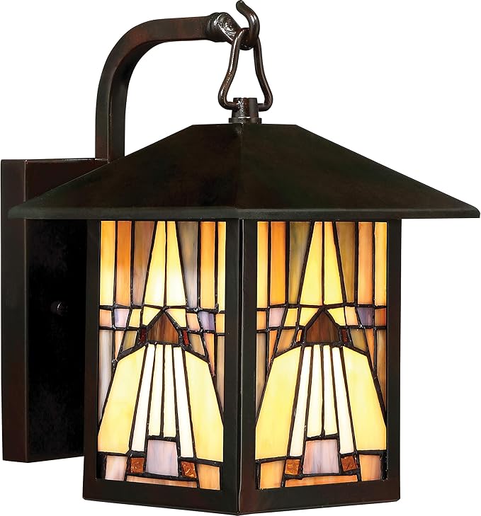 Quoizel TFIK8407VA Inglenook Tiffany Style Classic Geometric Handcrafted Mission Outdoor Wall Sconce, 1-Light 100 Watt, 11" H x 7" W, Valiant Bronze