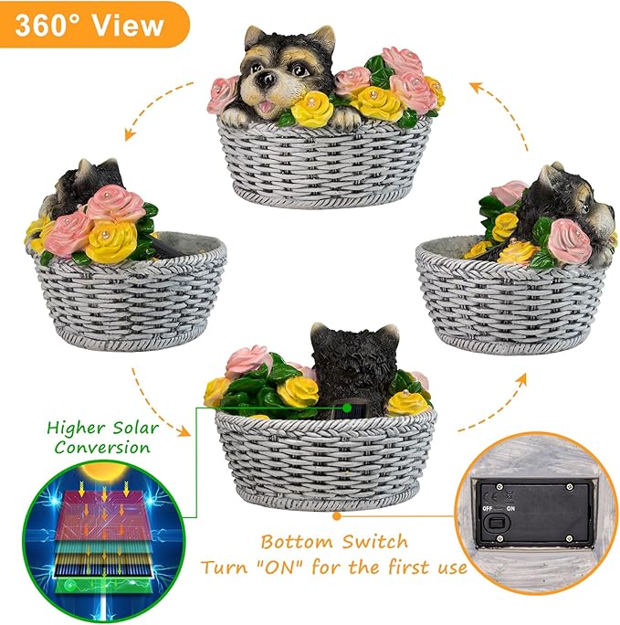 HOMEIMPRO Solar Garden Decor Dog Garden Gifts for Women, Yorkie Puppy Lovers Gifts Mothers Day Birthday for Mom Grandma,Outdoor Statues Solar Lights, 8LED Lights Balcony Yard Decor, Patio