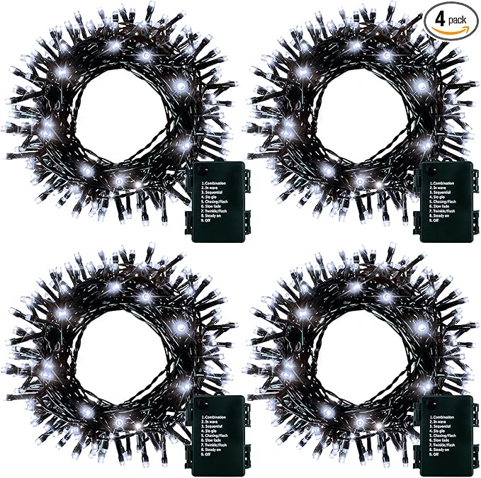 4 Pack Battery Operated Christmas Tree Lights,16.5 Ft String Lights with Auto Timer 8 Modes, 50 LED Wreath String Lights for Indoor Outdoor Xmas Tree Party Decor (Cool White)