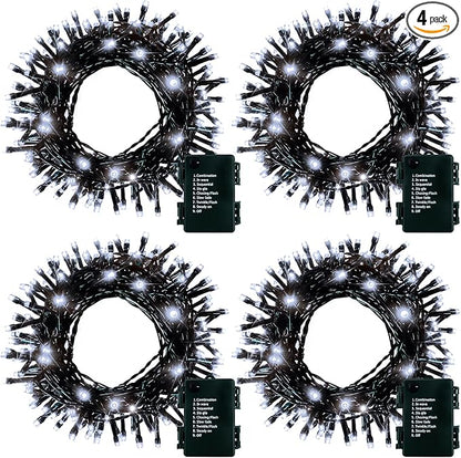4 Pack Battery Operated Christmas Tree Lights,16.5 Ft String Lights with Auto Timer 8 Modes, 50 LED Wreath String Lights for Indoor Outdoor Xmas Tree Party Decor (Cool White)