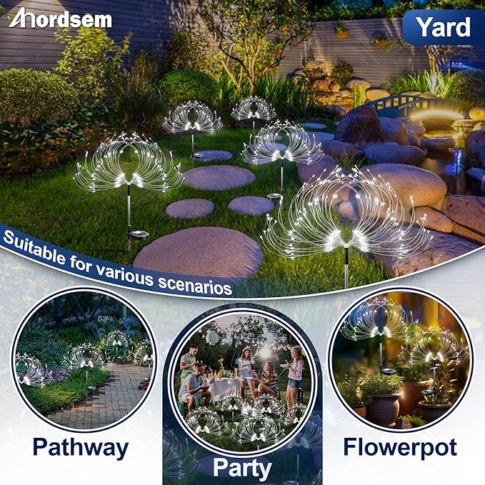 Anordsem Solar Garden Lights Outdoor: Flexible Copper Wire 120 LED Firework White 2 Pack - Waterproof DIY Decorations for Yard Pathway Patio - Gardening Gifts for Women Gardeners Homeowners