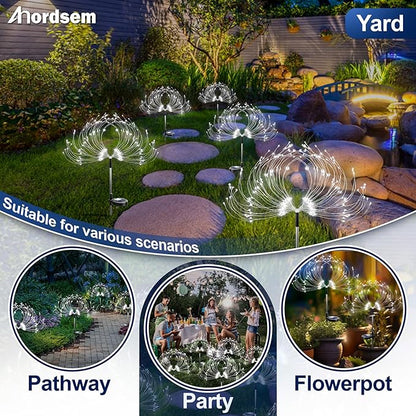 Anordsem Solar Garden Lights Outdoor: Flexible Copper Wire 120 LED Firework White 2 Pack - Waterproof DIY Decorations for Yard Pathway Patio - Gardening Gifts for Women Gardeners Homeowners