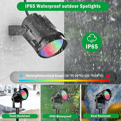 Spotlight Outdoor RGB Led Lights, 12W Color Changing Outdoor Floodlight Fixture with Stake for Garden Yard Path, 120V Waterproof Landscape Lighting Plug in with Remote (4 Pack)