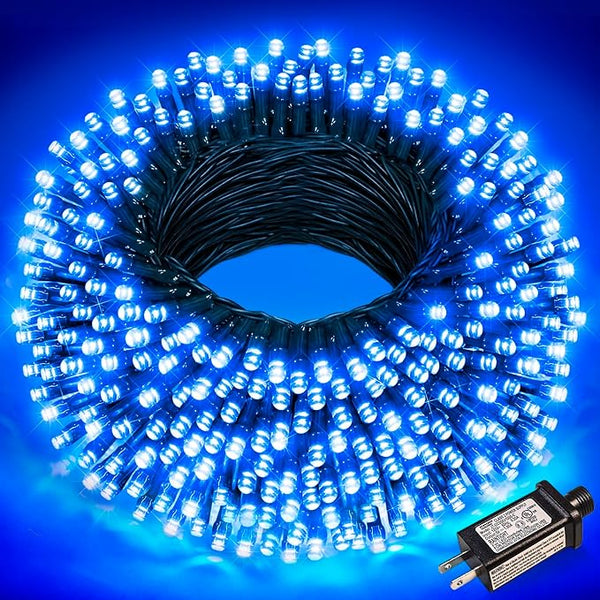 100FT 300 LED Christmas Lights Outdoor, Blue Christmas Tree Lights with 8 Modes Waterproof, Plug in Green Wire | Lumora