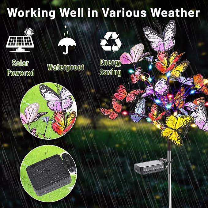 Admitrack 2 Pack Solar Garden Lights Outdoor Solar Butterfly Lights,Solar Outdoor Waterproof Solar Powered Lights, Solar Outdoor Decor Light for Landscape, Pathway, Yard (Colorful Light)