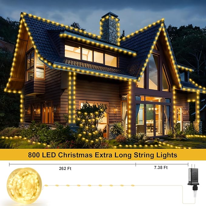 262FT 800LED Christmas Lights Outdoor, Outdoor Transparent Wire Christmas Tree Lights with 8 Modes Waterproof, Plug in String Light for Outside Indoor Xmas Tree House Holiday Wedding Party Decor