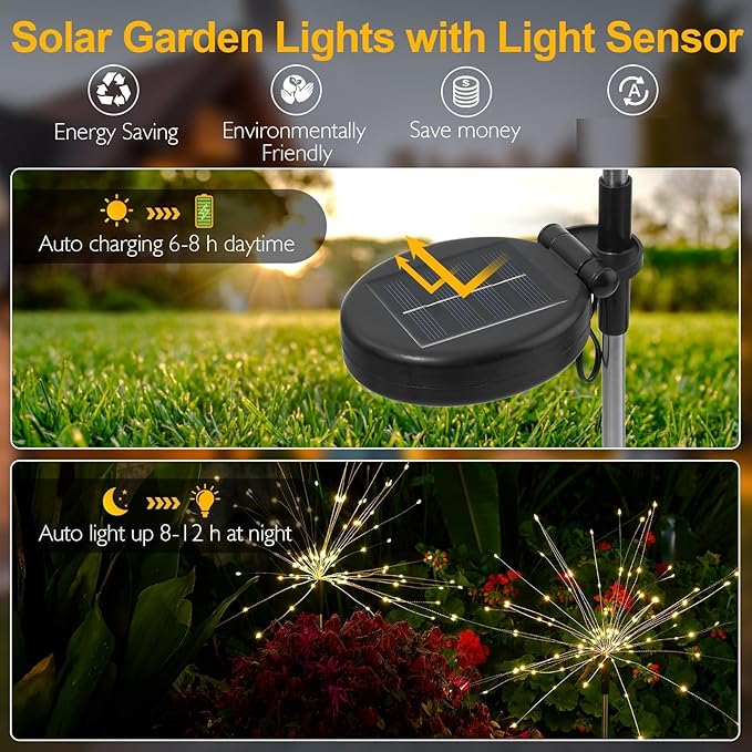 Solar Lights Outdoor, 2 Pack Solar Firework Lights Outdoor – 150 LED, 8 Modes, IP65 Waterproof Garden Pathway Decor | Warm White Solar Powered Stake for Yard, Patio, Easter & Holiday Decoration