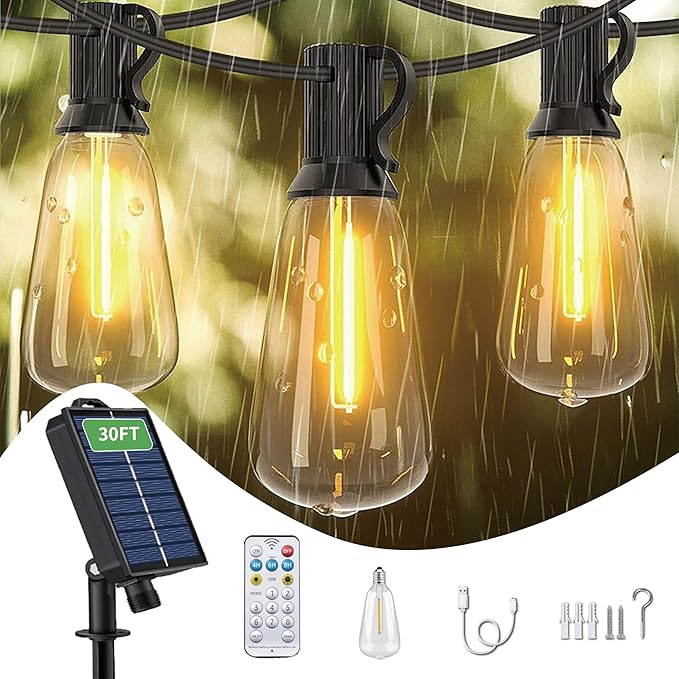 30FT Solar String Lights Outdoor Waterproof with Remote and 15+1 Shatterproof Bulbs, Patio LED Solar Powered Hanging Lightings for Outside，Camping，Backyard, Garden, Porch Decor