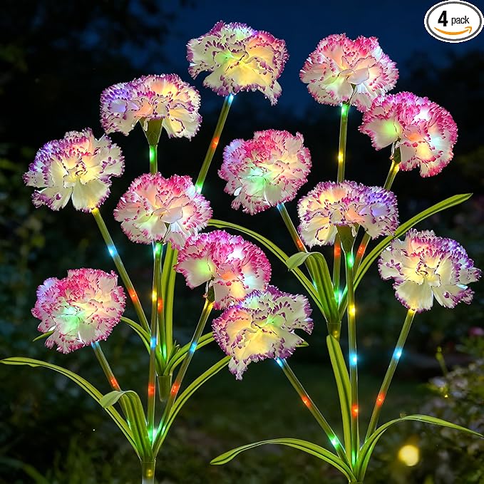 4 Pack Solar Garden Lights Outdoor, Colorful LED Waterproof Solar Powered Carnation Flowers Landscape Lights for Outside Yard, Patio, Pathway Decorative, Décor, Gifts, Two Lighting Modes
