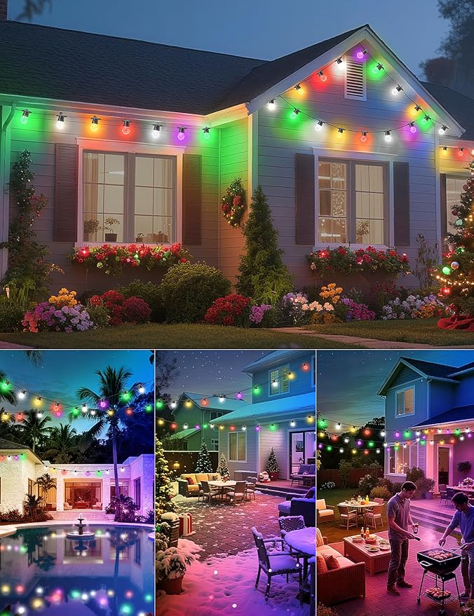 Brightever LED Outdoor String Lights, 50FT Patio Lights with 16 S14 Christmas Filament Bulbs, Dimmable&Speed Adjustment, Plug in IP65 Waterproof Outside Hanging Lights with Remote for Porch, Deck