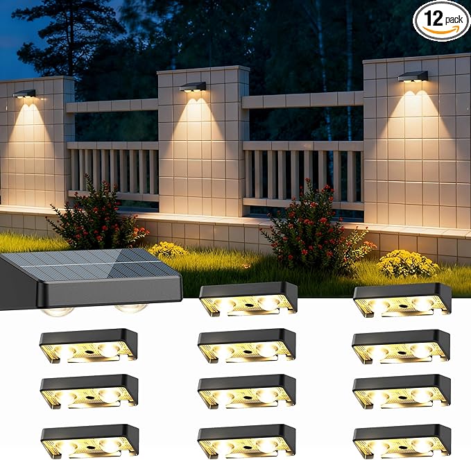 Solar Fence Lights Outdoor, Fence Light Solar Powered with Warm White/Cool White/RGB 8 Color, IP67 Waterproof Solar Lights for Fence, Wall, Garden, Patio, Step (12 Pack)