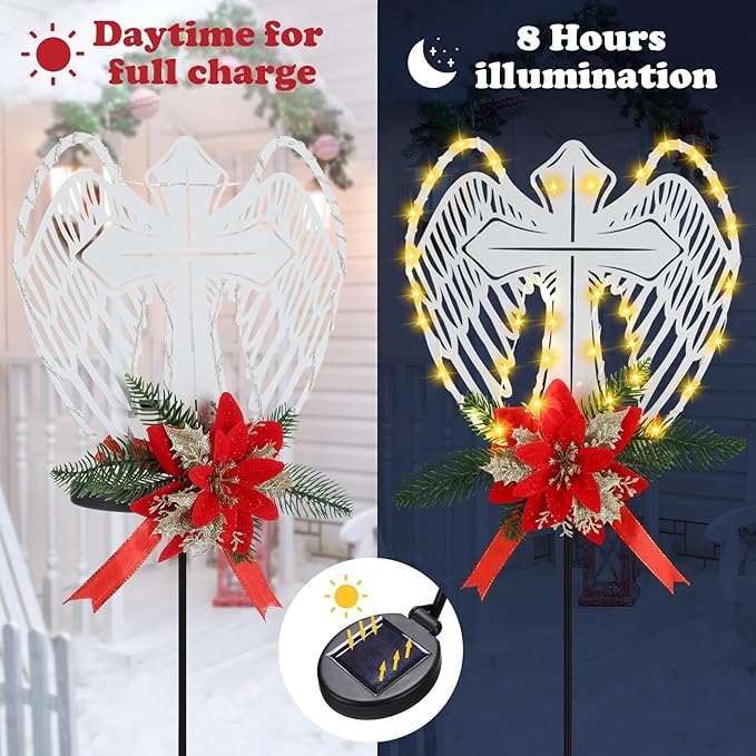 Baquler 2 Pack Christmas Solar Cross Wings Stake Lights 32" Christmas Cemetery Grave Decorations with Poinsettia for Xmas Cemetery Memorial Outdoor Yard Pathway Garden Lawn Decorations