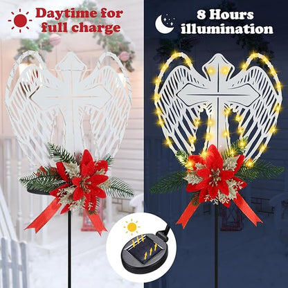 Baquler 2 Pack Christmas Solar Cross Wings Stake Lights 32" Christmas Cemetery Grave Decorations with Poinsettia for Xmas Cemetery Memorial Outdoor Yard Pathway Garden Lawn Decorations