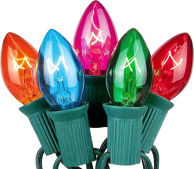 25Ft Multicolor Chritsmas Lights Outdoor, C7 Vintage String Lights with 27 Colorful Clear Incandescent Bulbs, Hanging Patio Lights for Porch Roofline Christmas Tree Garden Pathway Indoor Decor