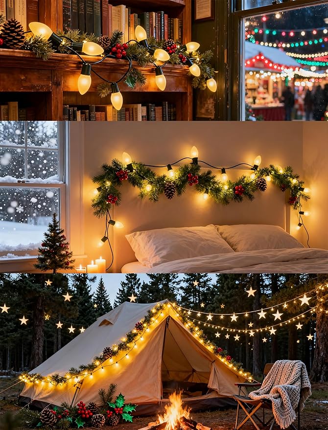 25Ft Frosted White Christmas Lights C9 Vintage Christmas String Lights with 26 Frosted White Bulbs(1 Spare) Hanging | Lumora