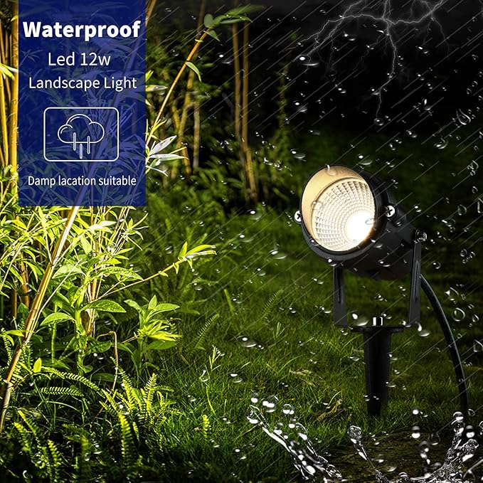 BACKLIGHT Outdoor Landscape LED Lighting 12W Waterproof Garden Lights COB Led Spotlights with Spiked Stand 120V for Lawn Decorative Lamp US 3- Plug 3000K Warm White(2Pack)
