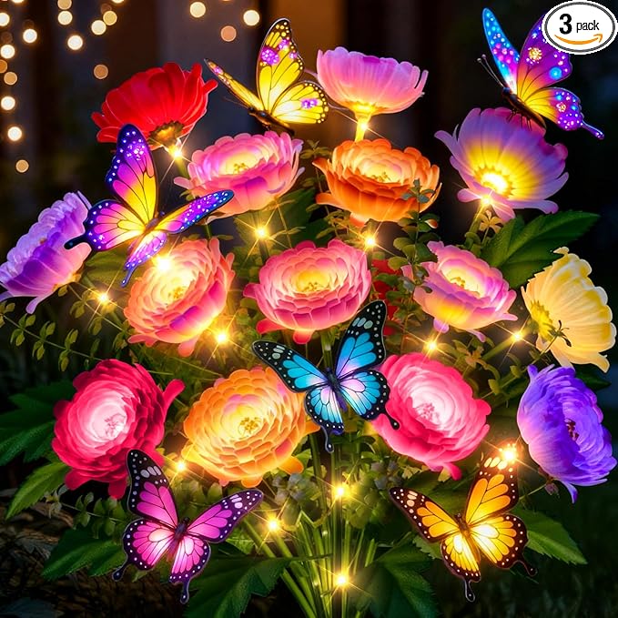 Solar Flowers Lights Outdoor Waterproof: 3 Pack LED Solar Lights Decorative for Outside Garden Decor with Butterfly Auto-On/Off for Yard Landscape Lighting, Gifts for Mom Gardening Enthusiasts