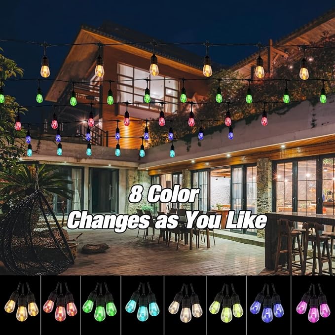 24FT Solar Outdoor String Lights, 12 Shatterproof E26 Edison LED Bulbs, Dimmable RGB Color Changing Patio Lights | Lumora
