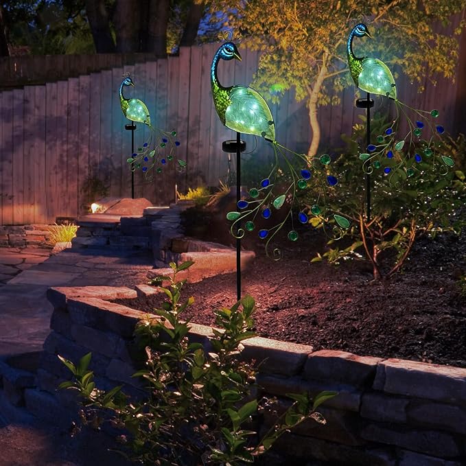 Peacock Solar Garden Stake Lights Decorative, Waterproof Metal Glass Landscape Path Lights for Outdoor Patio Lawn Yard, Upgrade