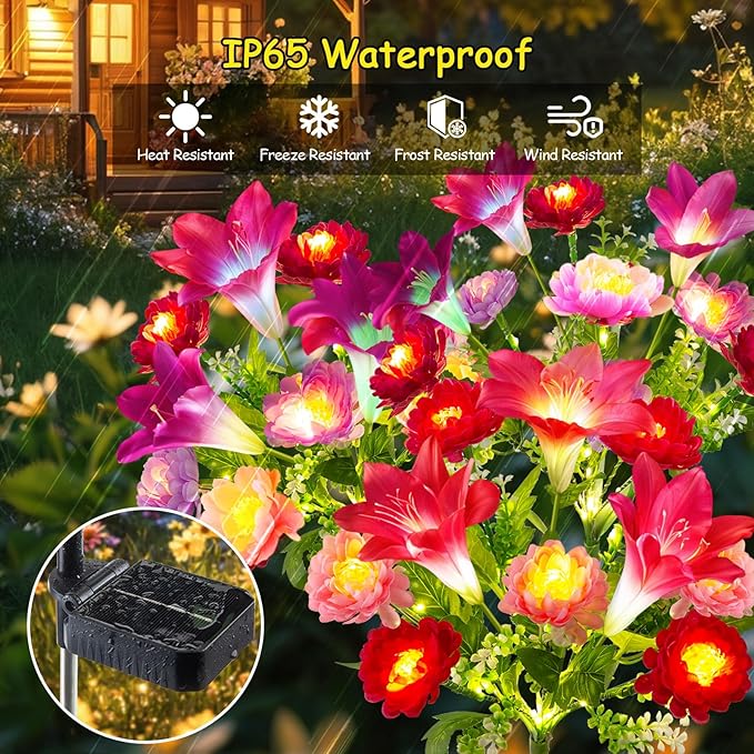 GARPAR Solar Flowers Lights Outdoor Waterproof, Upgraded 2 Pack Solar Garden Lights with 6 Lily & 14 Lotus, Bigger Solar Panel, Bright Color Changing Outdoor Decor for Outside Yard Patio, Gift