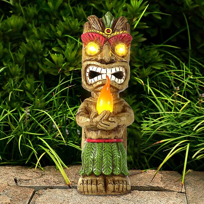 13" Tall Solar Torch Tiki Garden Statue, Resin Large Tiki Decor Figurine with Solar Lights, Hawaiian Tiki Man | Lumora
