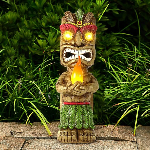 13" Tall Solar Torch Tiki Garden Statue, Resin Large Tiki Decor Figurine with Solar Lights, Hawaiian Tiki Man | Lumora
