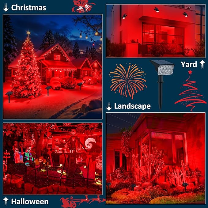 T-SUNUS Christmas Red Solar Lights for Outside IP65 Waterproof Auto On/Off Adjustable Landscape Spot Lighting | Lumora