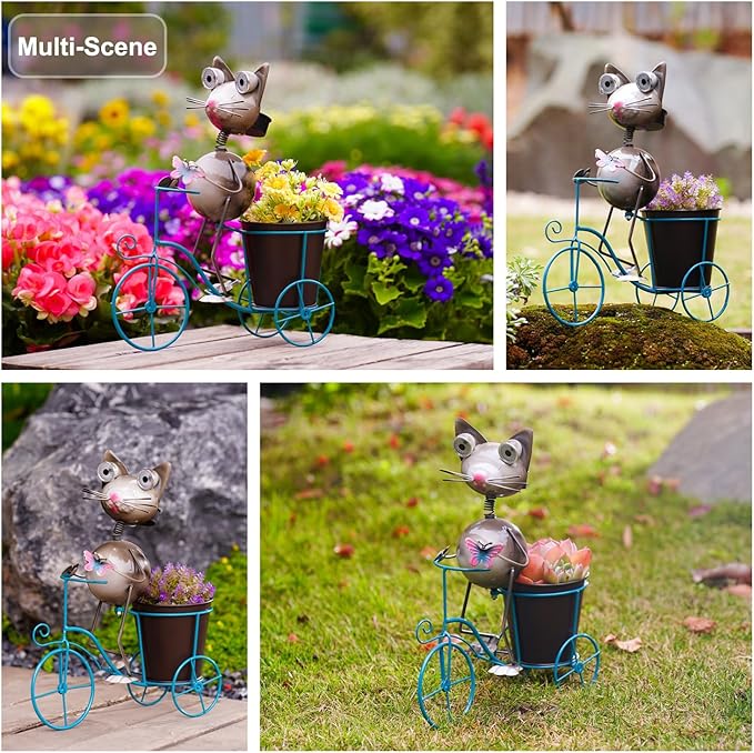 Metal Yard Art Cat on Bike Solar Statue Light, Solar Statue Light Garden Decoration, Best Gift for Cat Lovers.