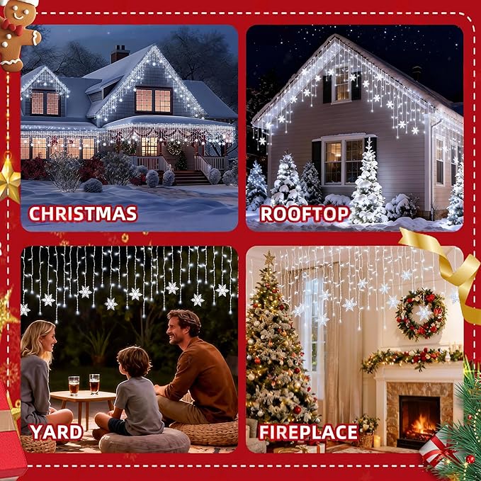 LED Christmas Lights, 70 Mini LED Icicle Lights with Snowflakes on 9.5FT - 5MM Wide Angle White Bulbs, IP68 Waterproof & ETL Certified for Outdoor/Indoor