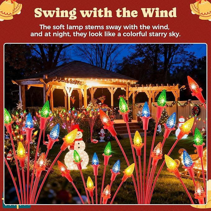 2 Packs Christmas Berry Solar Garden Light with Multiple Colors, Auto ON/Off Solar Lights Outdoor Swaying in The Wind, Christmas Decorating Outdoor Yard Light for Pathway, Pond, Courtyard