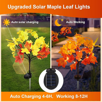 2Pack Fall Solar Lights Outdoor Waterproof,40LED 80 Maple Leaves Solar Garden Lights Outside, Autumn Artificial Tree Pathway Lights for Patio,Halloween,Thanksgiving,Fall Decoration