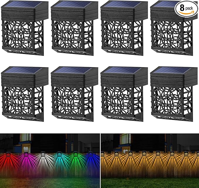 GOODFOEVER Solar Deck Lights, 8 Pack Fence Light with 2 Modes Lighting Warm White/RGB, Solar Outdoor Lights Waterproof for Wall, Fence, Patio, Stair, Landscape, Garden,Yard, Holiday Decor