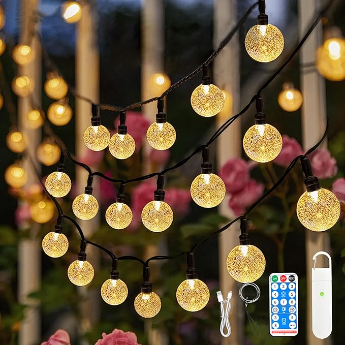 SeaShine Rechargeable Battery Operated String Lights - 13ft 20LEDs Crystal Globe String Lights, IP65 Waterproof | Lumora