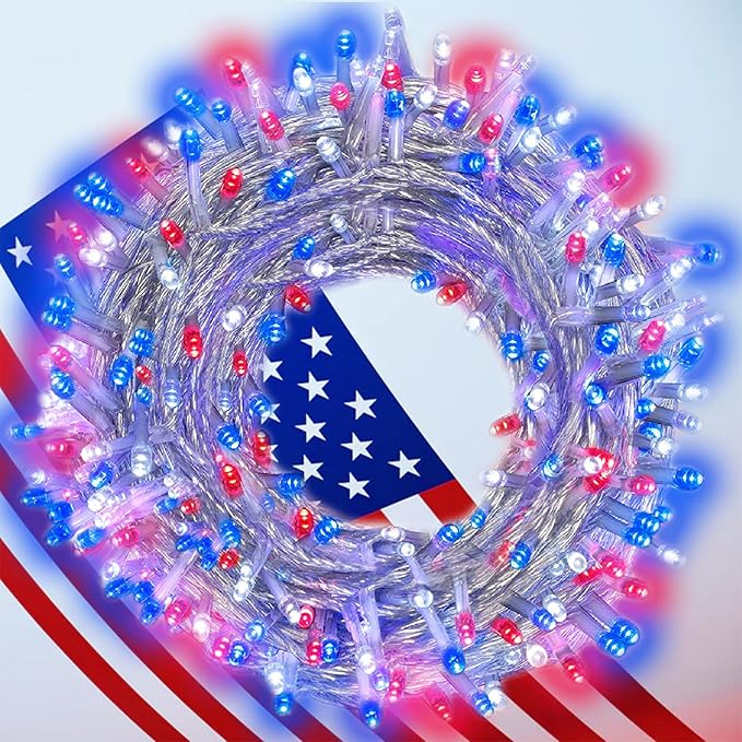 4th of July Decorations Patriotic Decor Lights, Red White and Blue String Lights Indoor, 200LED 66FT Outdoor, 8 | Lumora
