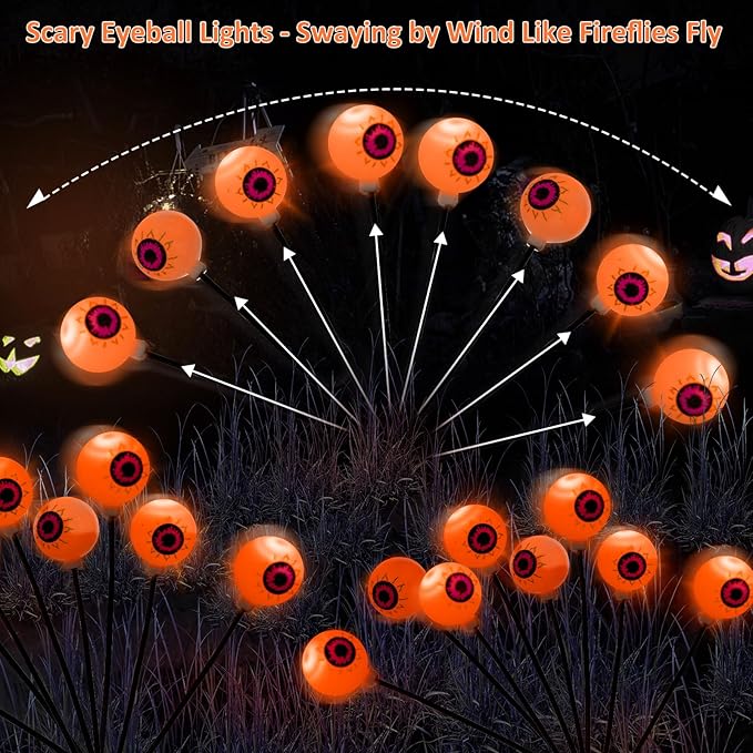 4 Pack Halloween Decorations Outdoor Path Lights - 32LED Solar Eyeball Pathway Light Swaying by Wind, Waterproof Solar Halloween Stake Lights for Garden Yard Porch Patio Pathway (Orange)