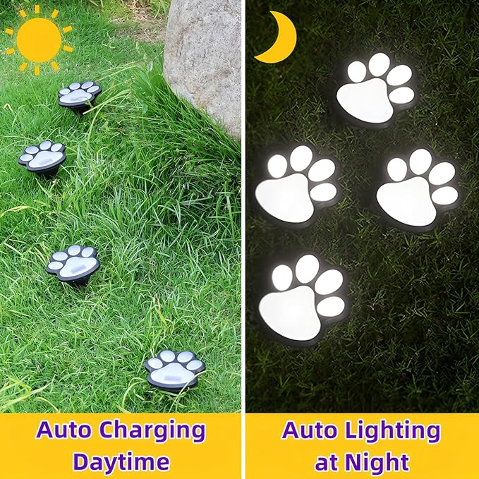 4 Pack Paw Print Solar Light Outdoor,Solar Dog Paw Light for Garden Decorations,IP65 Waterproof Solar Powered Yard Cat Puppy Lights for Lawn Pet Cemetery Pathway Patio Pet Lovers (White Light)