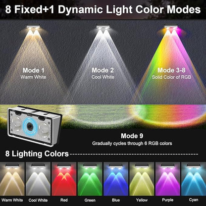 Solar Fence Lights Outdoor 8 Pack, Stainless Steel & IP65 Waterproof, 8 Lighting Modes High Brightness LED Spot Lens Deck Lights Dusk to Dawn for Backyard Stair Railing Patio Wall