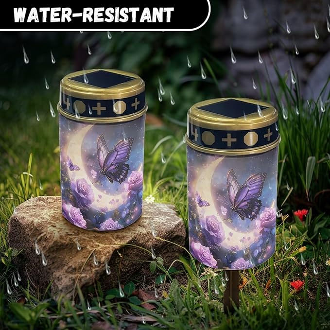 HUGS IDEA Moon Butterfly Solar Grave Lights Rose Solar Path Lights for Outdoor Garden Waterproof Solar-Powered Lighting for Gardens Yard Patios & Memorial Night