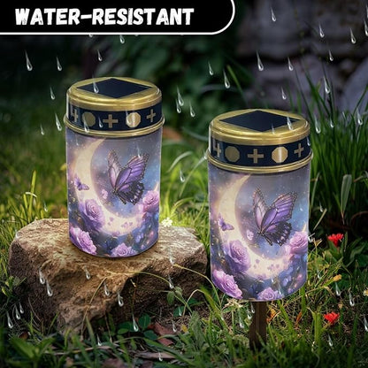 HUGS IDEA Moon Butterfly Solar Grave Lights Rose Solar Path Lights for Outdoor Garden Waterproof Solar-Powered Lighting for Gardens Yard Patios & Memorial Night