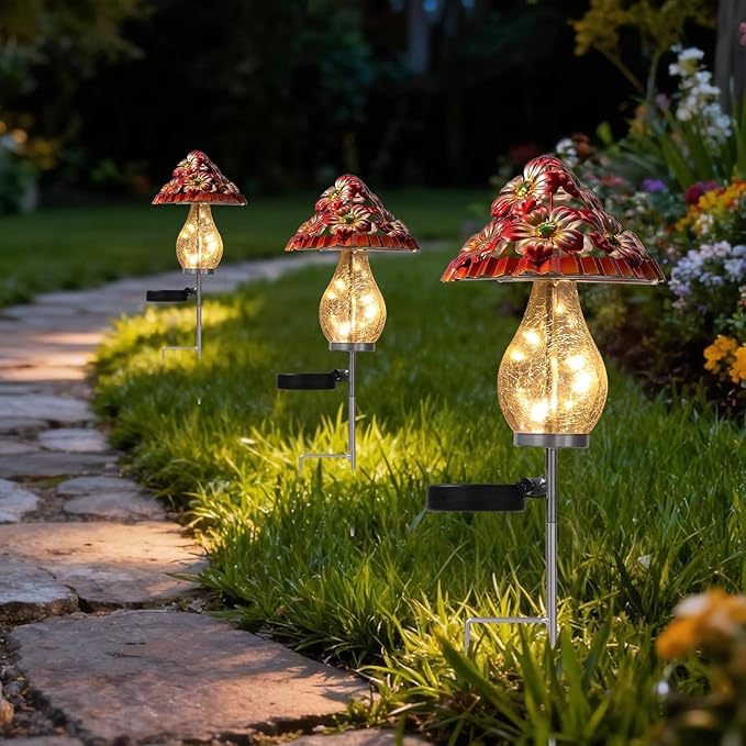 LOVERUIS Mushroom Garden Decor for Outside with Cracked Ball Waterproof Metal Stake Outdoor Yard Patio Decor, Gifts for Women, Mom, Grandma (ARS-Mushroom)