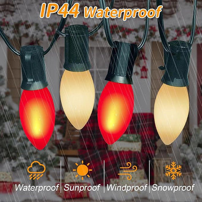 Abeja 25Ft C9 Multicolor Christmas Lights - Outdoor Vintage String Lights with 26 Red/White Ceramic LED Bulbs (1 Spare) for Holiday, Xmas, Roofline, Wedding - Green Wire
