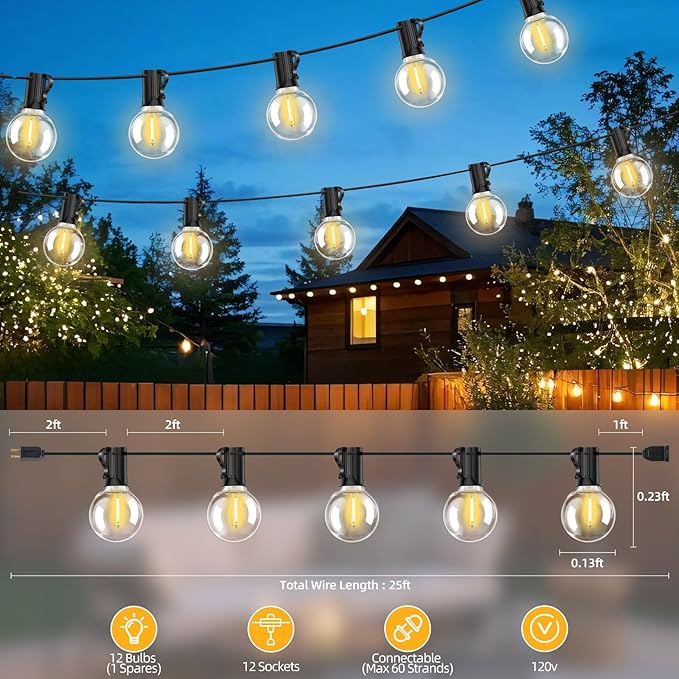 25FT G40 LED Outdoor String Lights with 12+1 Bulbs, E12 Socket, 2700K Warm White, Commercial Grade Weatherproof & | Lumora