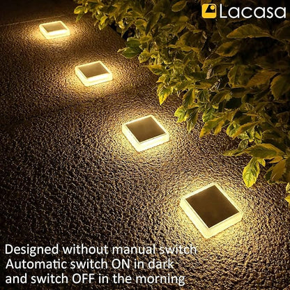 Lacasa 4 Pack Solar Deck Lights Outdoor Waterproof LED, Garden Step Lights Solar Powered Driveway Dock Marine, Dusk to Dawn Lighting for Yard Patio Pathway, Square, Warm White