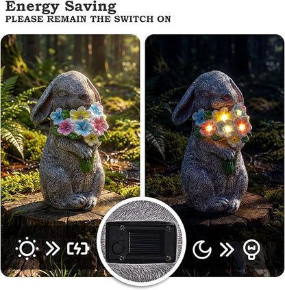 PETAFLOP Solar Powered Rabbit Garden Light, Easter Bunny Holding Flower with Warm White LED, Outdoor Decor for Yard, Pathway, Lawn, Patio, Balcony